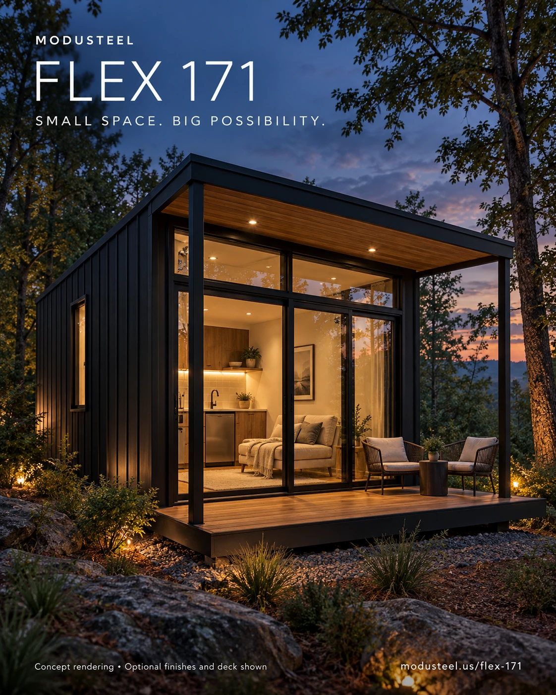 ModuSteel FLEX 171 concept exterior with black metal siding, glazed doors and a wood deck