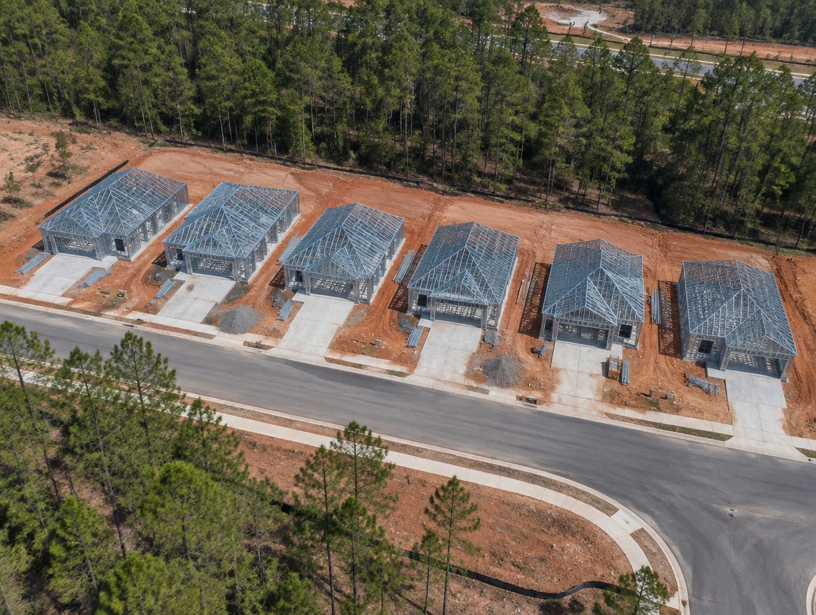 Aerial view of steel frame home under construction