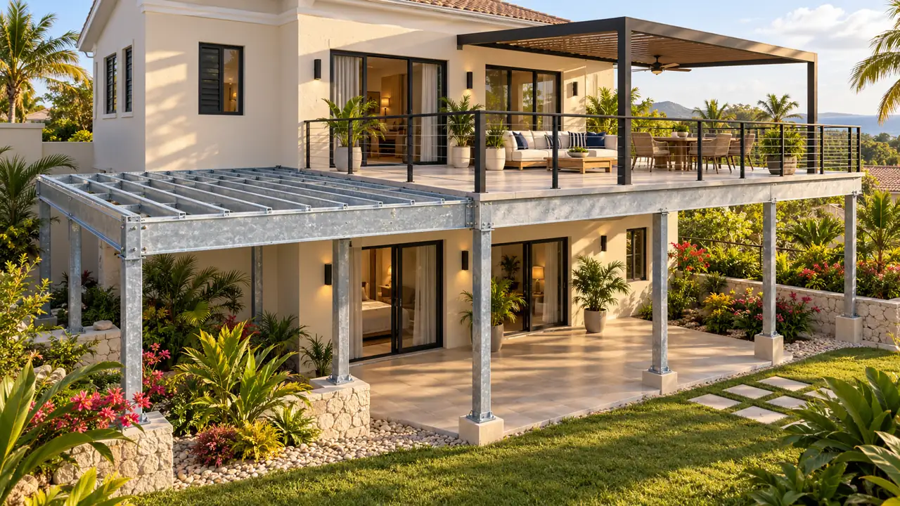 Architectural concept of a steel-supported balcony and terrace with an exposed framing bay